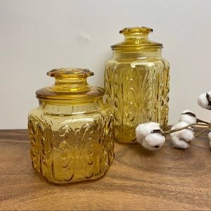 Vintage LE Smith Atterbury Scroll Glass Canister Set, Amber Glass